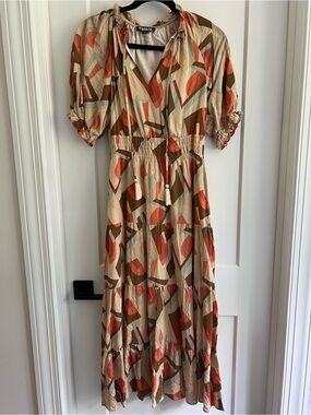 THML Beige Geometric Tiered Maxi Dress with Rust, Olive & Light Blue
